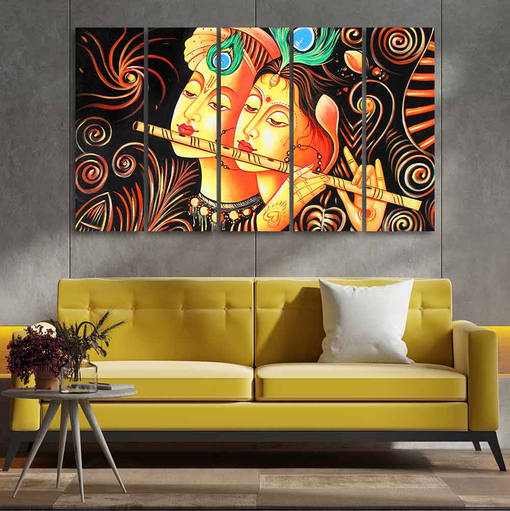 Lord Radha Krishna with Flute Five Pieces Canvas Wall Painting