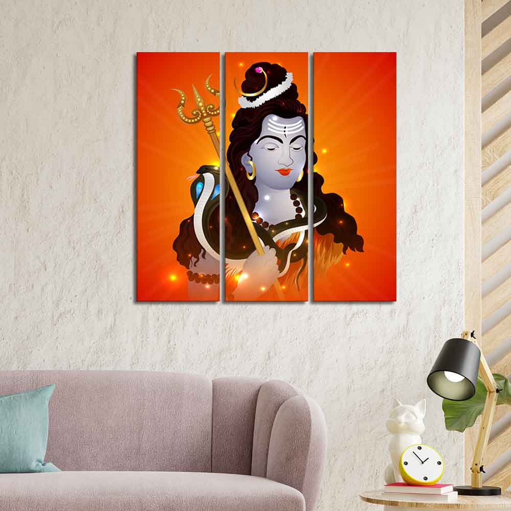 Lord Shankar Canvas Wall Painting of Three Pieces