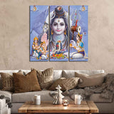 Shiva with Family Canvas Wall Painting of Three Pieces