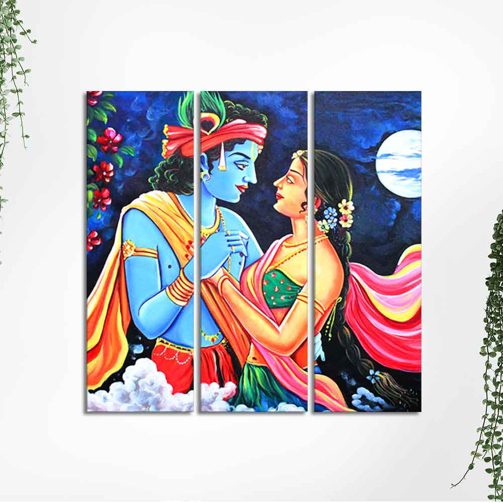 Love of Lord Radha Krishna Canvas Wall Painting Set of 3 Panel