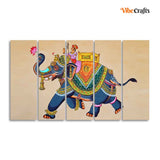 Madhubani Art Elephant Premium Canvas Wall Painting Set of Five