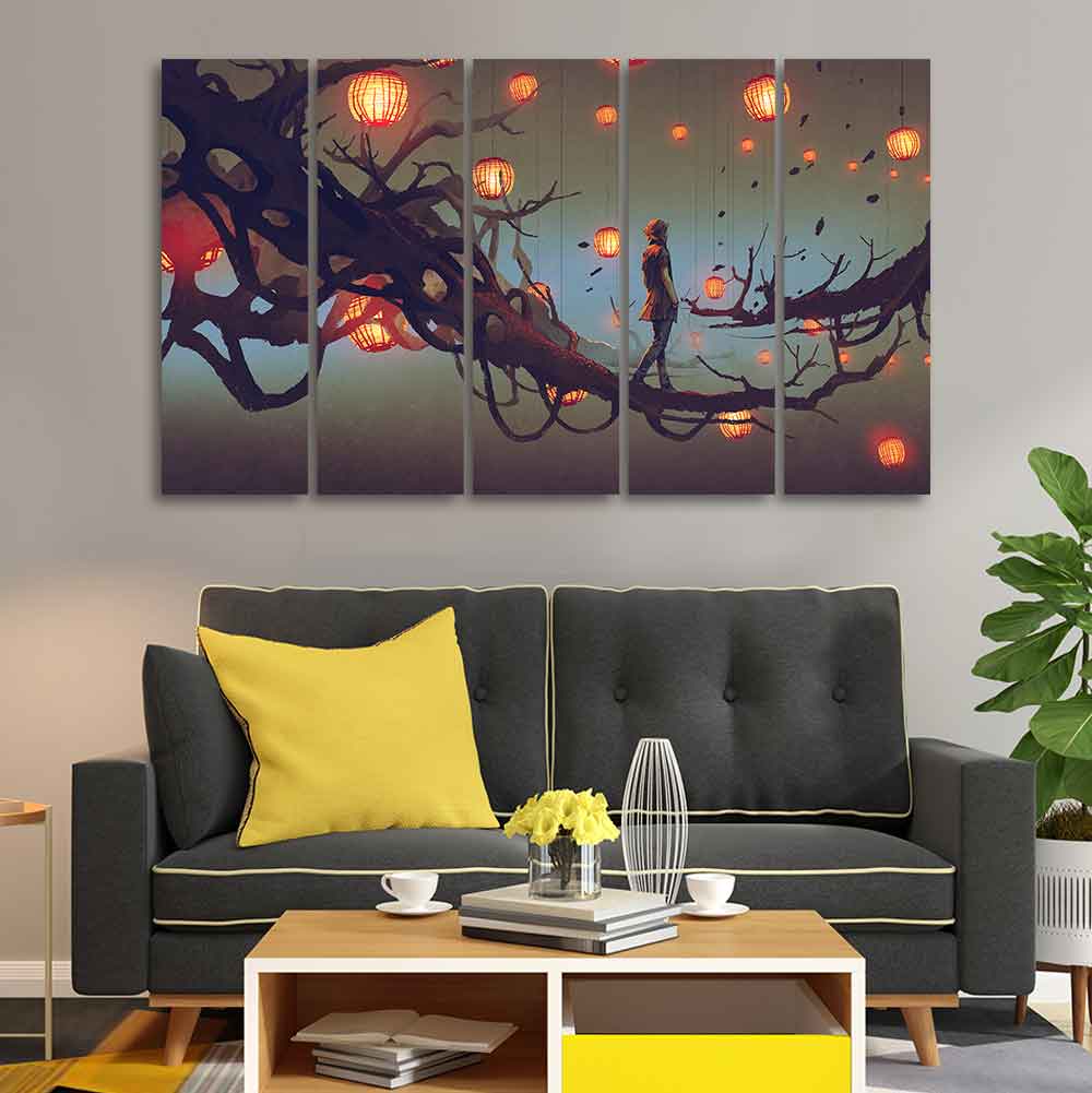 Man Walking in Night Premium Five Pieces Canvas Wall Painting