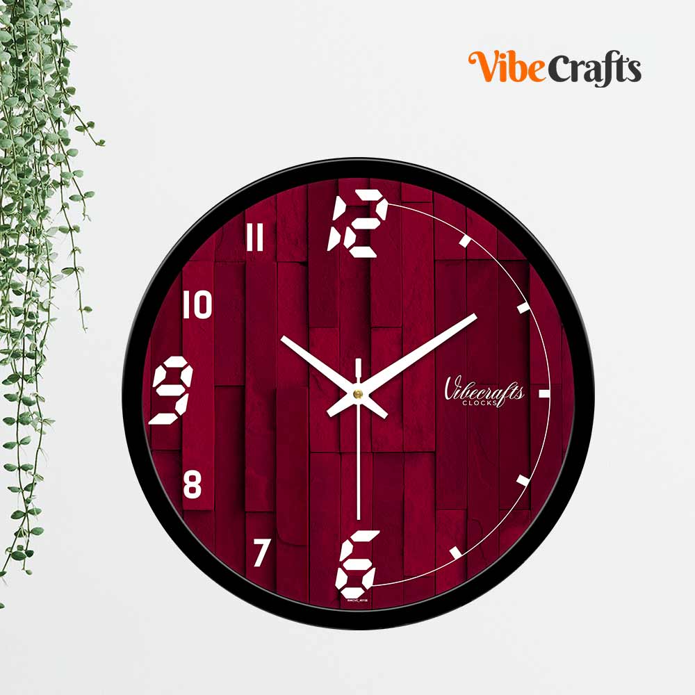 Maroon Wooden Texture Printed Designer Wall Clock