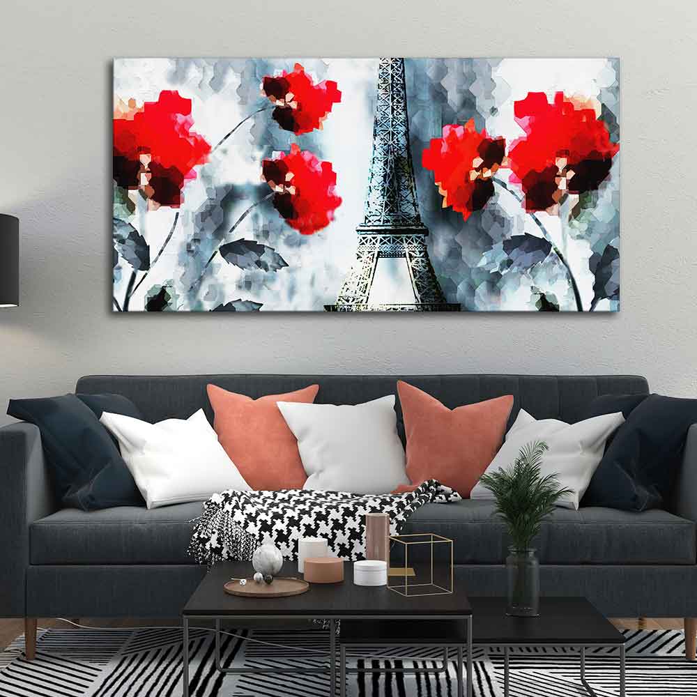 Modern Abstract Art Eiffel Tower and Flowers Wall Painting