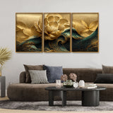 Modern Golden Flower and Waves Floating Canvas Wall Painting Set of Three