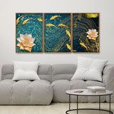 Modern Golden Lotus with koi Fish Abstract Floating Canvas Wall Painting Set of Three