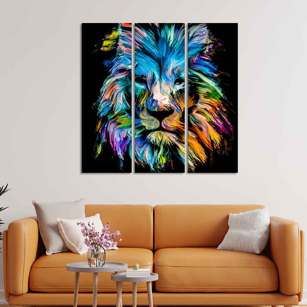 Multicolor Head of Lion Wall Painting Set of 3 Pieces