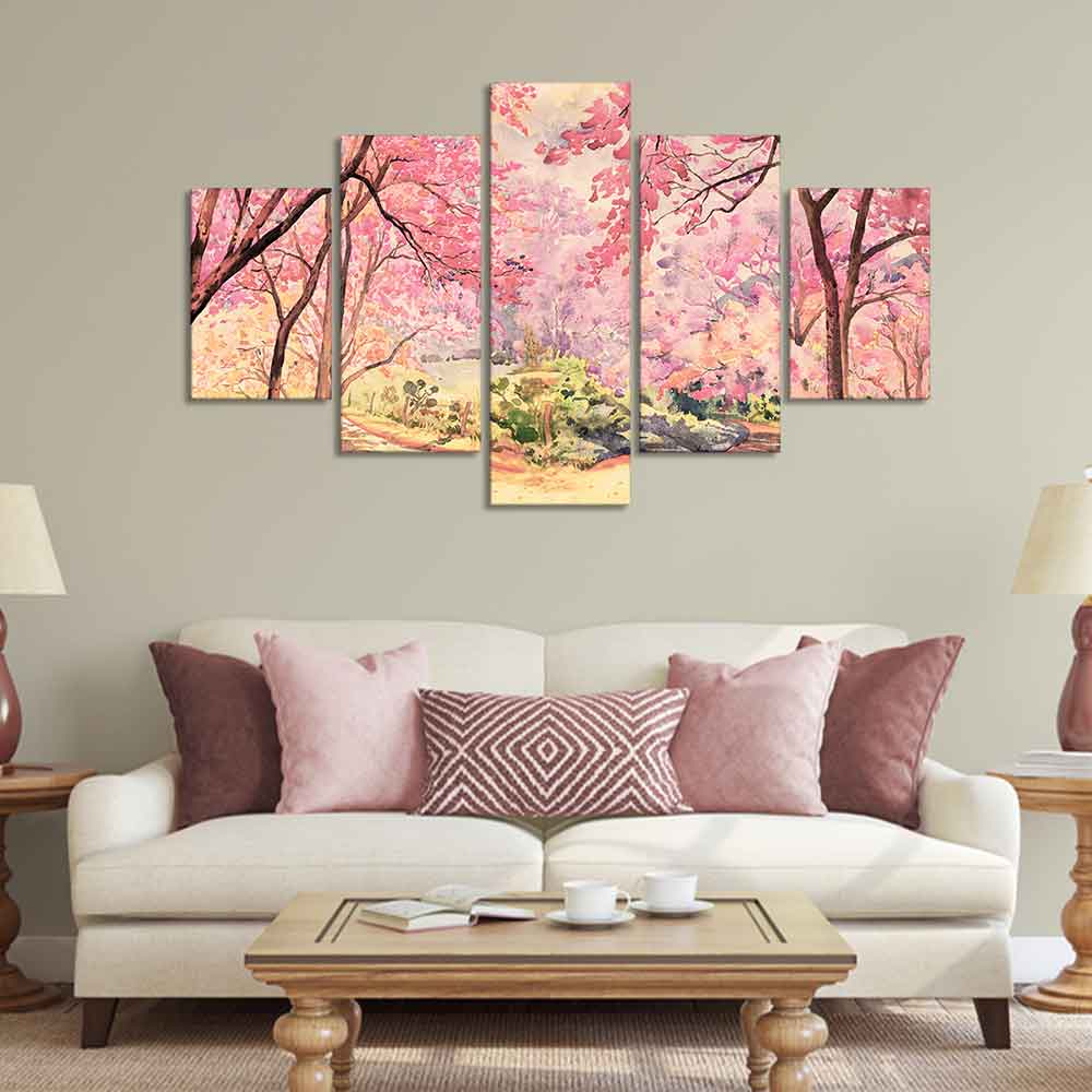 Nature Forest Pink Flower Wall Painting of Five Pieces