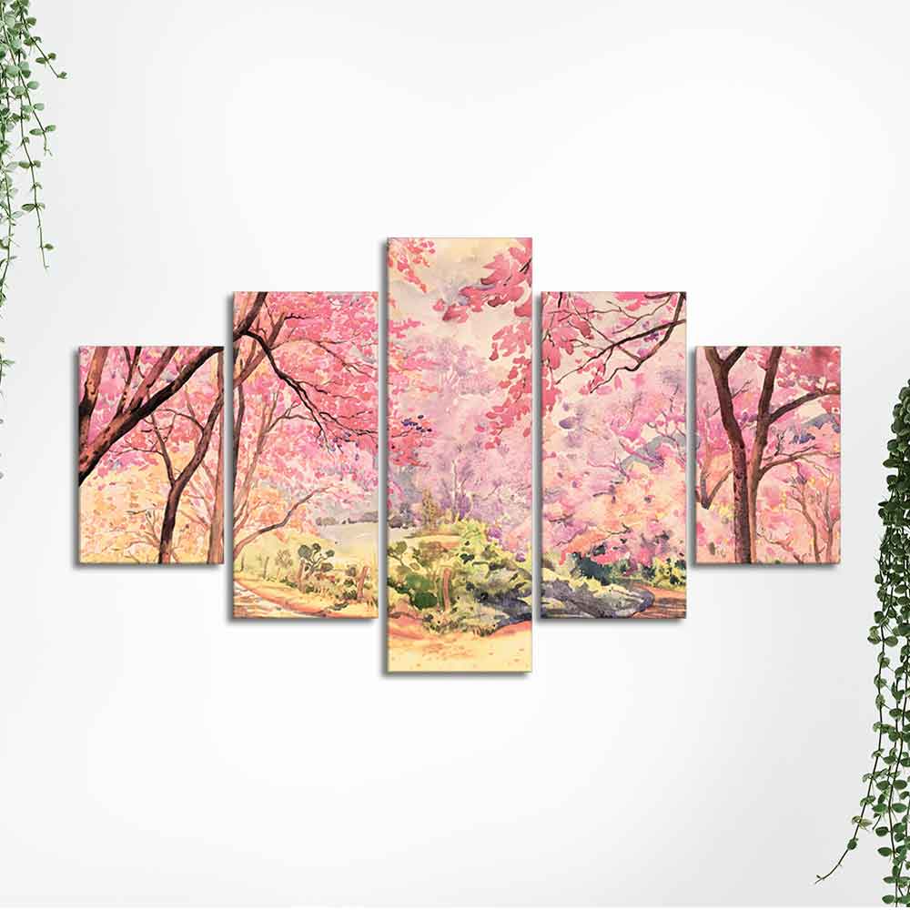 Nature Forest Pink Flower Wall Painting of Five Pieces