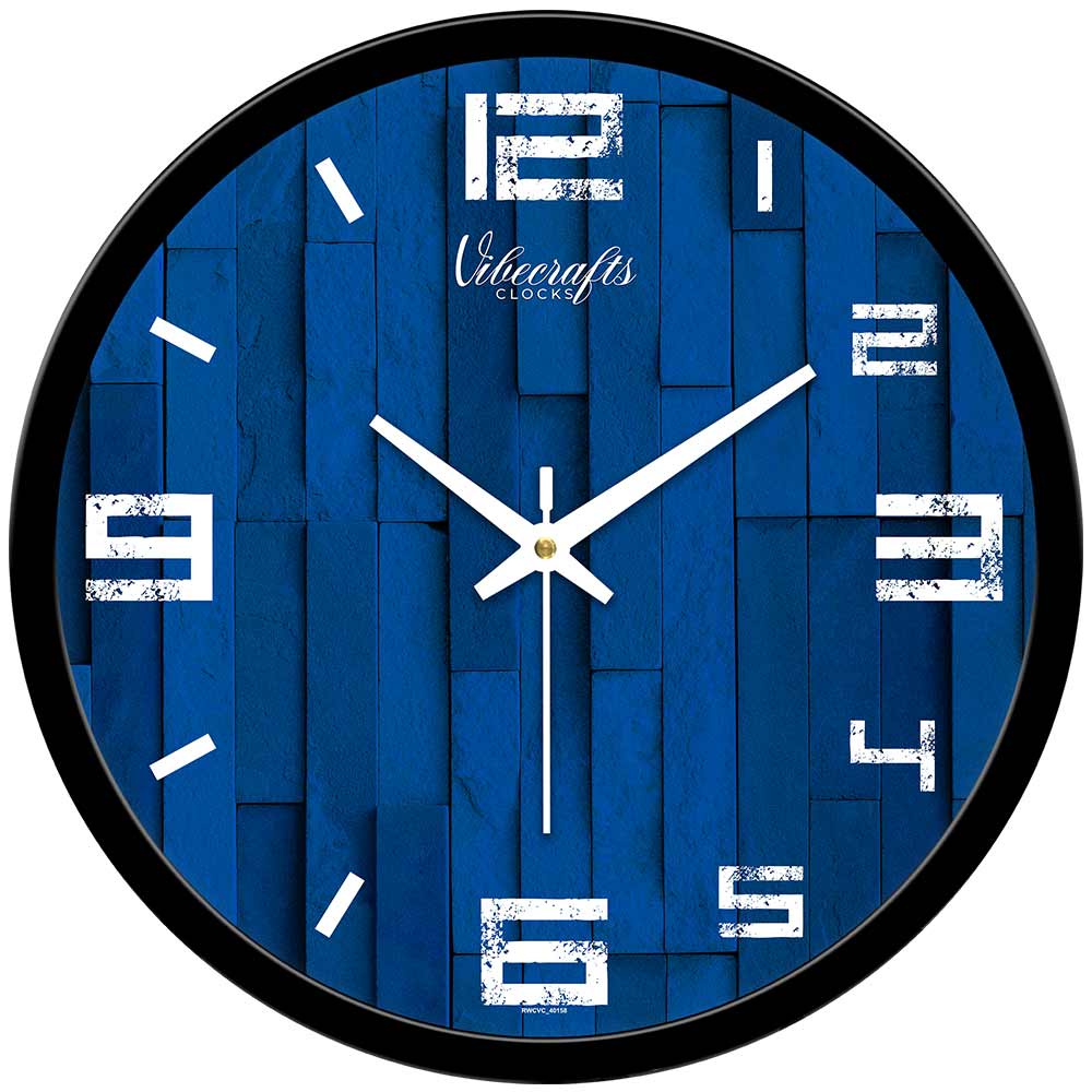 Navy Blue Wooden Texture Printed Designer Wall Clock