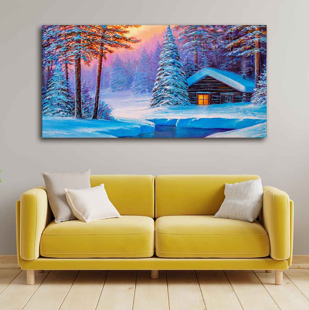Old Hut in the Winter Forest Canvas Wall Painting