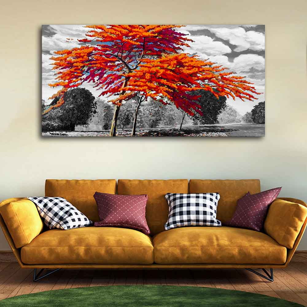 Orange Color Peacock Flowers Tree Premium Wall Painting