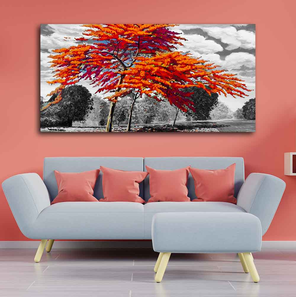 Color Peacock Flowers Tree Premium Wall Painting