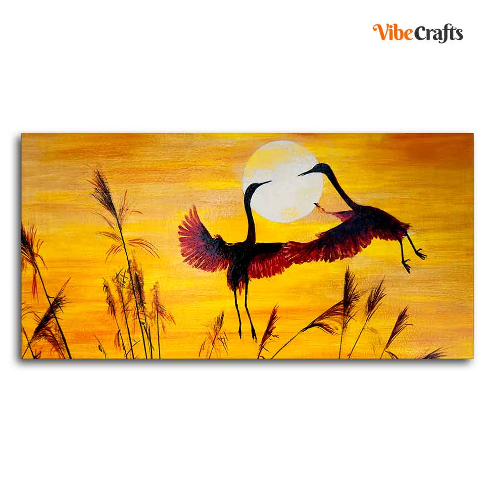 Pair of Flamingos Flying in Sunset Canvas Wall Painting