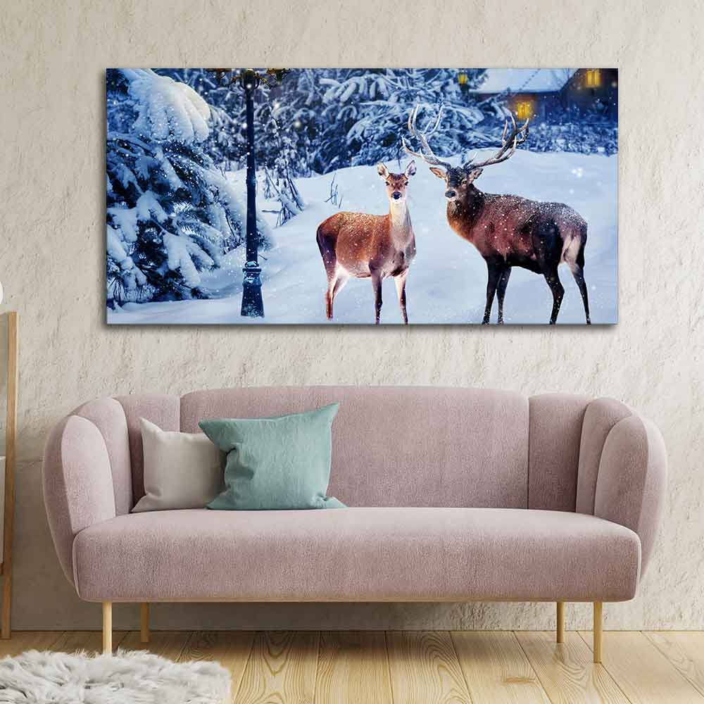Pair of Red Deer in Snowy Forest Premium Wall Painting