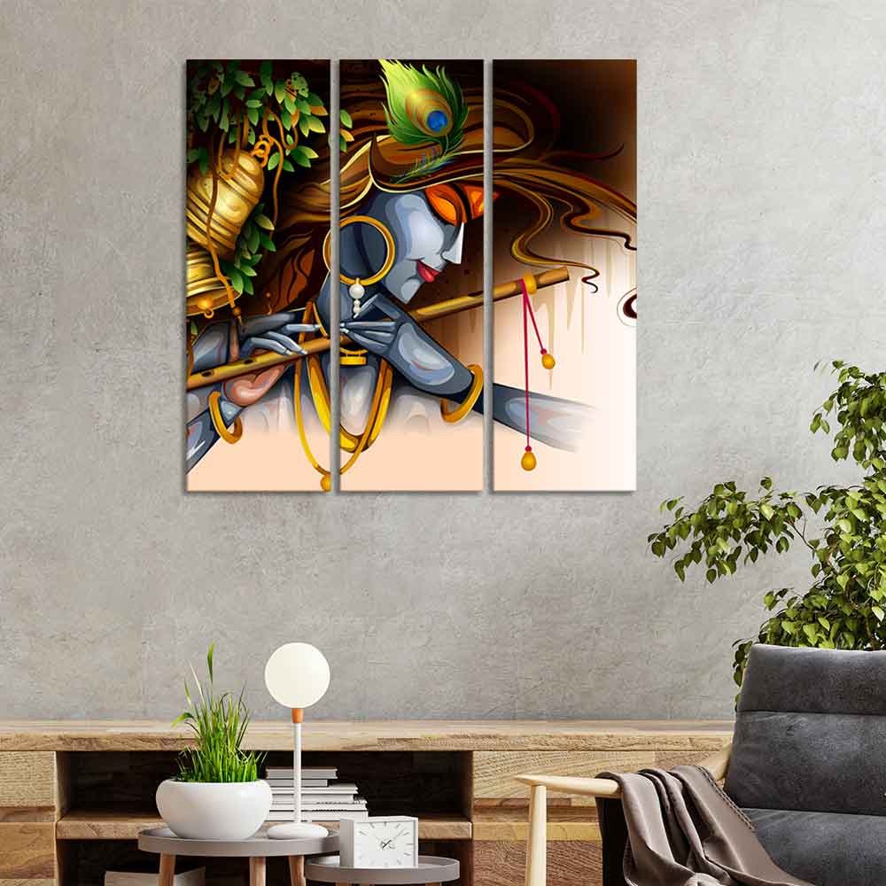Playing Flute Krishna Canvas Wall Painting 3 Pieces Set