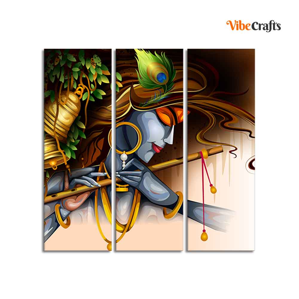 Playing Flute Krishna Canvas Wall Painting 3 Pieces Set