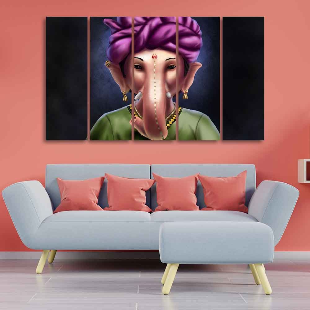Portrait of Lord Ganesha Canvas Wall Painting of Five Pieces