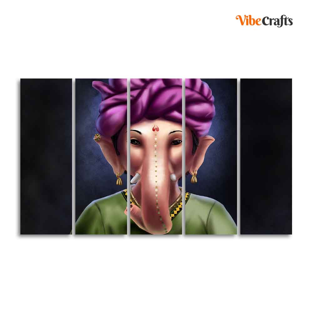 Portrait of Lord Ganesha Canvas Wall Painting of Five Pieces