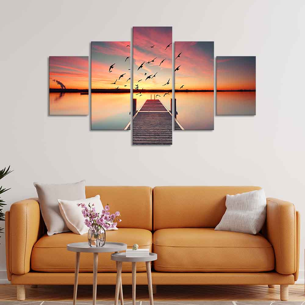 Premium Beautiful Sunset Horizon Canvas wall Painting of Five Pieces