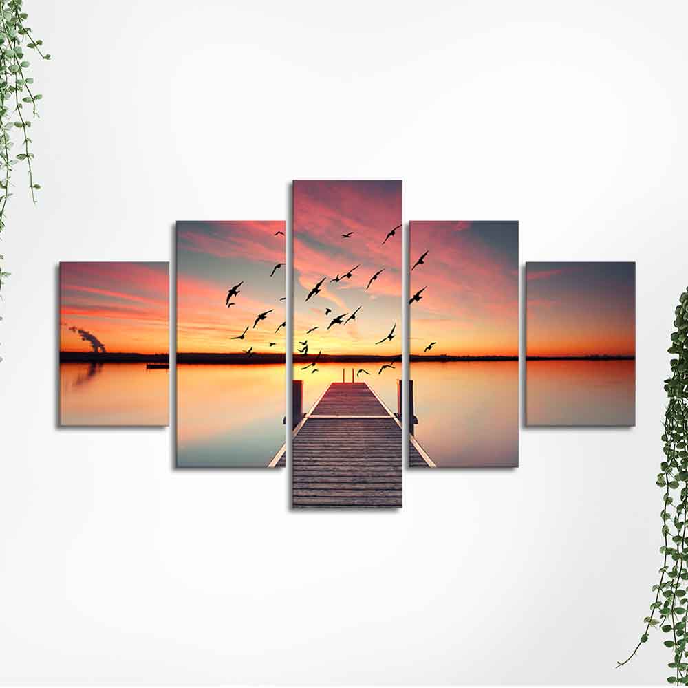 Premium Beautiful Sunset Horizon Canvas wall Painting of Five Pieces