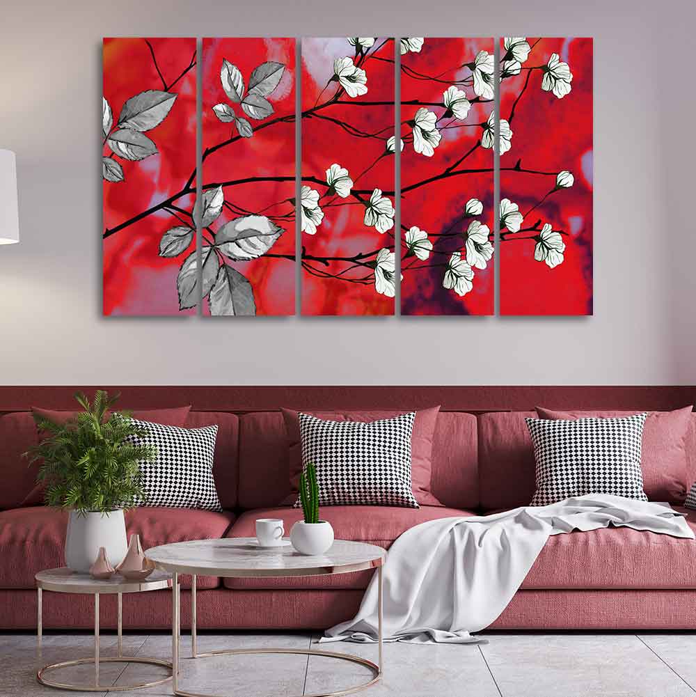 Premium Canvas Abstract Art Painting of White Flowers Set of Five