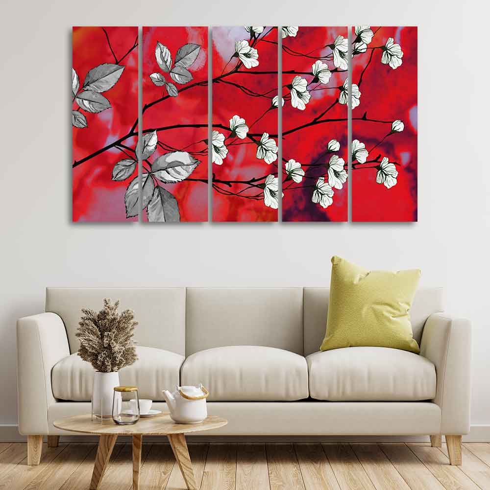 Premium Canvas Abstract Art Painting of White Flowers Set of Five