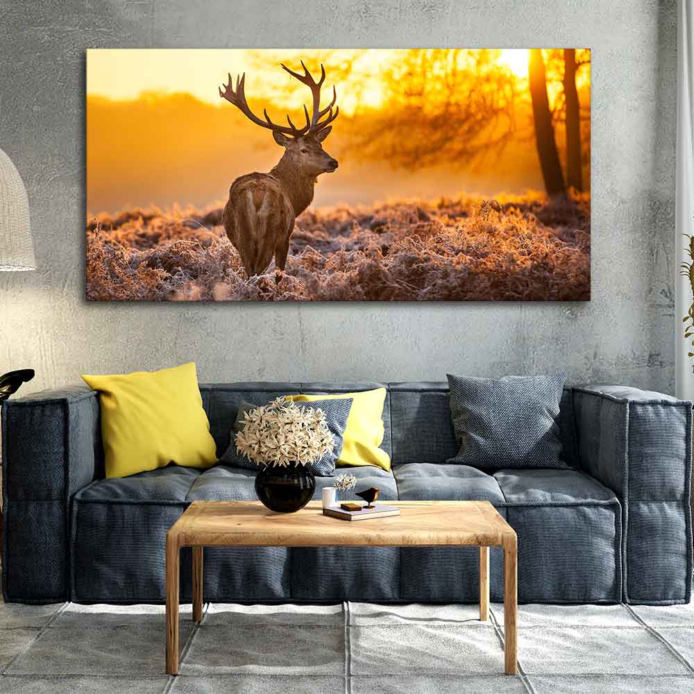 Canvas Painting of Red Deer in Forest at Sunrise