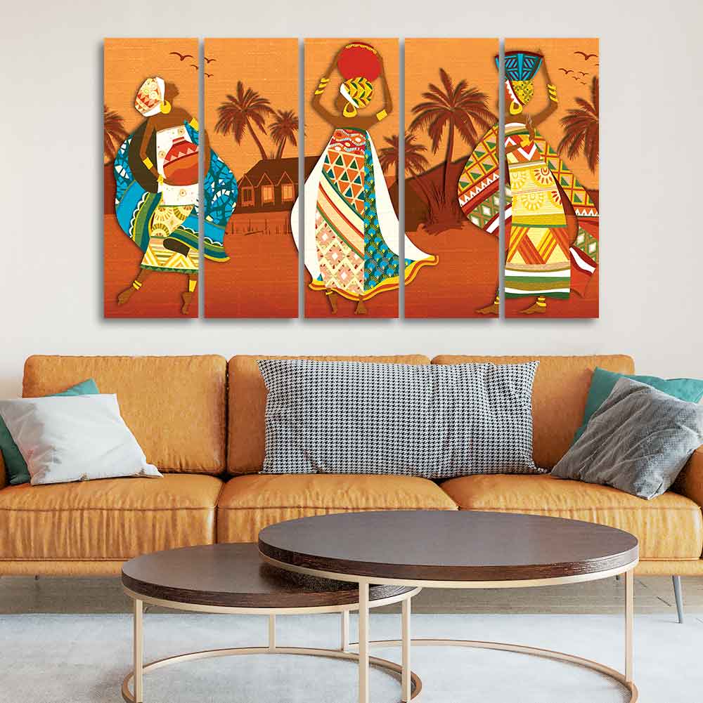 Premium Canvas Wall Painting of African Lady Dancing Set of Five