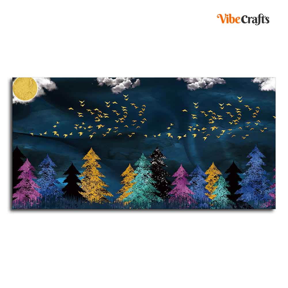 Wall Painting of Golden Birds Flying over The Dark Forest