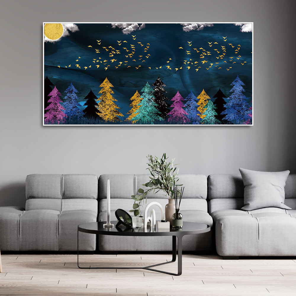 Premium Canvas Wall Painting of Golden Birds Flying over The Dark Forest