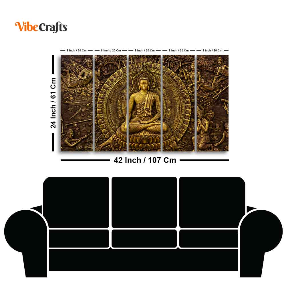 Premium Canvas Wall Painting of Lord Gautam Buddha of Five Pieces