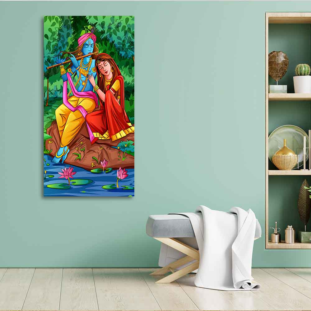 Premium Canvas Wall Painting of Lord Krishna with Radha Sitting in Forest