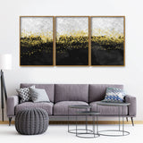 Premium Gold Glitter Particles on Black Background Floating Canvas Wall Painting Set of Three