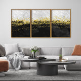  Gold Glitter Particles on Black Background Floating Canvas Wall Painting Set of Three