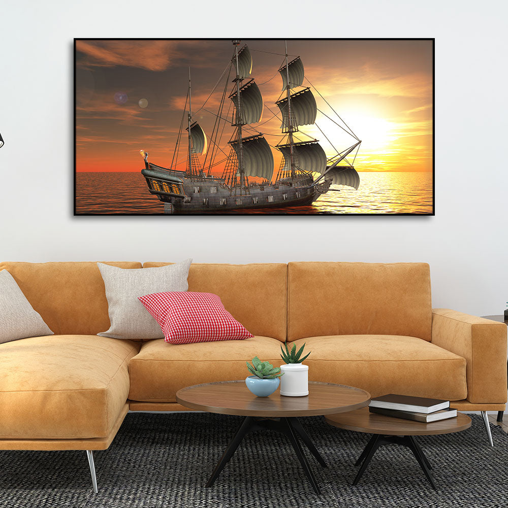 Wall Painting of 3D Sailing Ship in Sunset