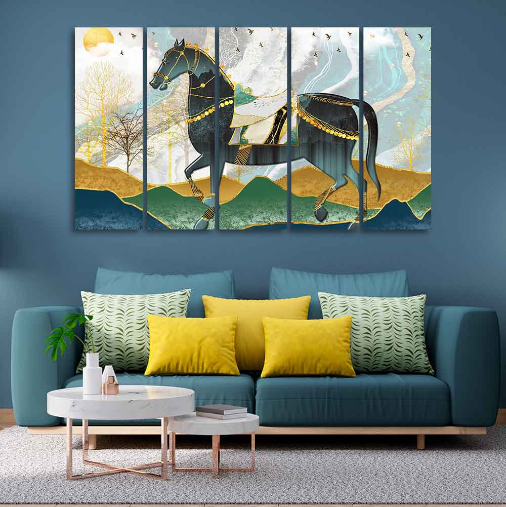 Premium Wall Painting of Horse and Golden trees with Colored Mountains of Five Pieces