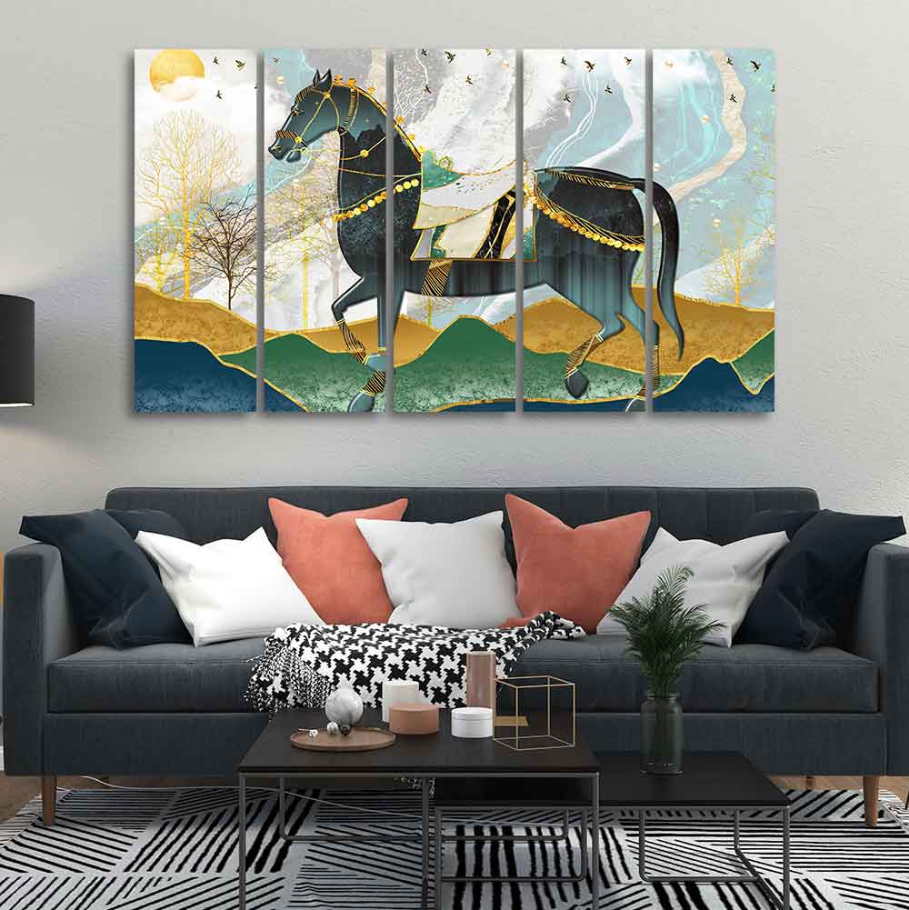 Premium Wall Painting of Horse and Golden trees with Colored Mountains of Five Pieces