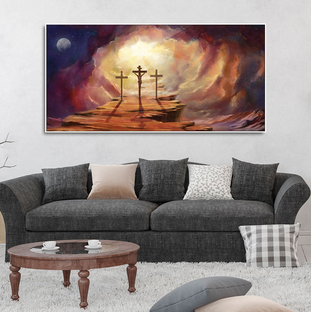 Wall Painting of Jesus Cross with Moon Dark Background