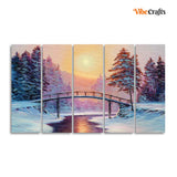 Wall Painting of Winter Landscape with the River Set of Five