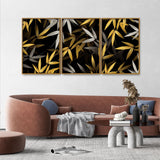 Realistic Golden Bamboo Leaves Canvas Floating Canvas Wall Painting Set of Three
