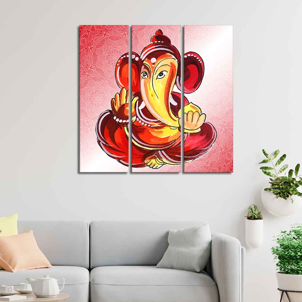 Religious Lord Ganesha Canvas Wall Painting Set of Three