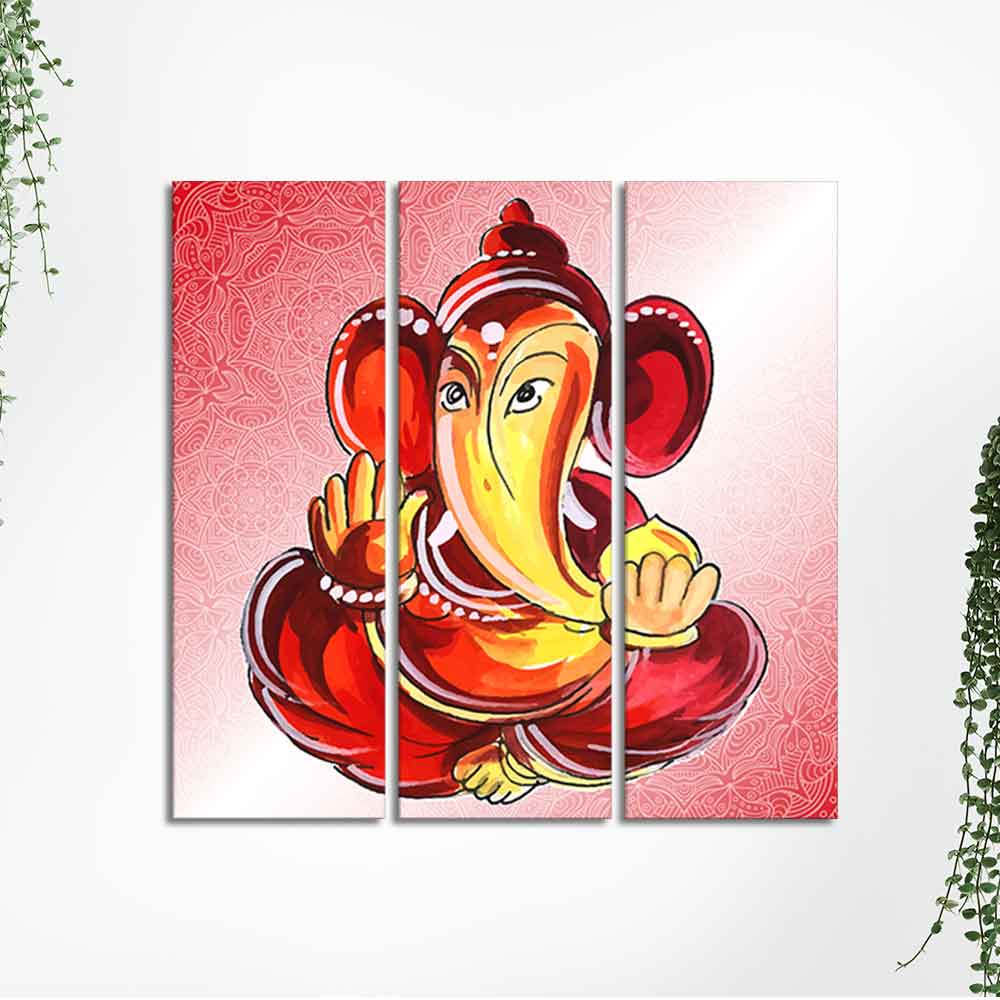 Religious Lord Ganesha Canvas Wall Painting Set of Three