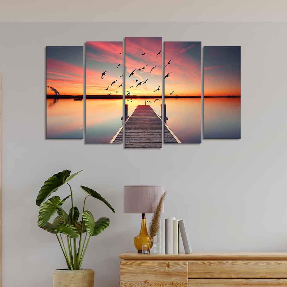 Romantic Wooden Jetty in Sunset Canvas wall Painting of Five Pieces