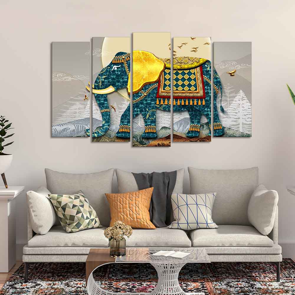 Royal Elephant With Golden Tusks Canvas Wall Painting of Five Pieces