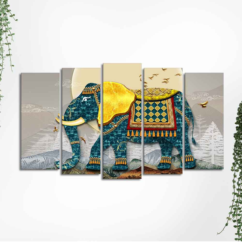Royal Elephant With Golden Tusks Canvas Wall Painting of Five Pieces