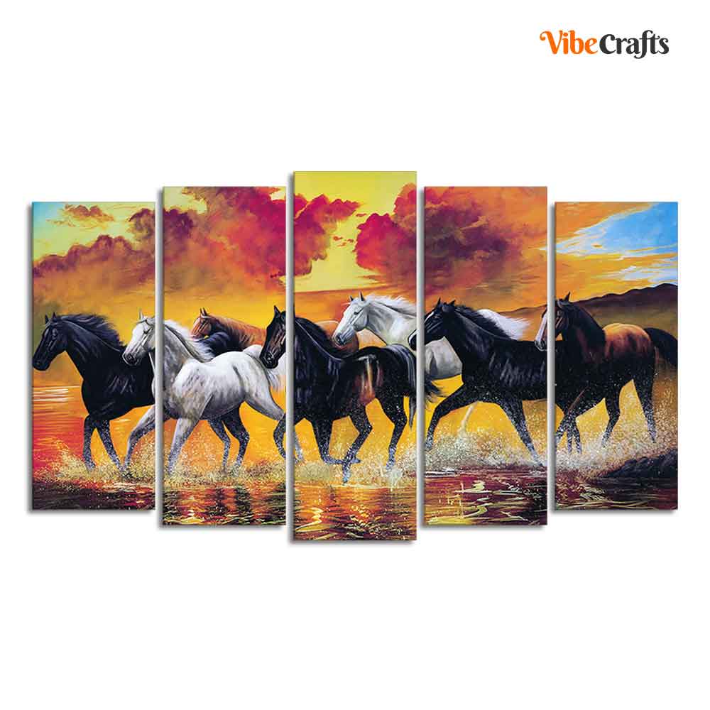 Running Seven Horses Wall Painting of Five Pieces