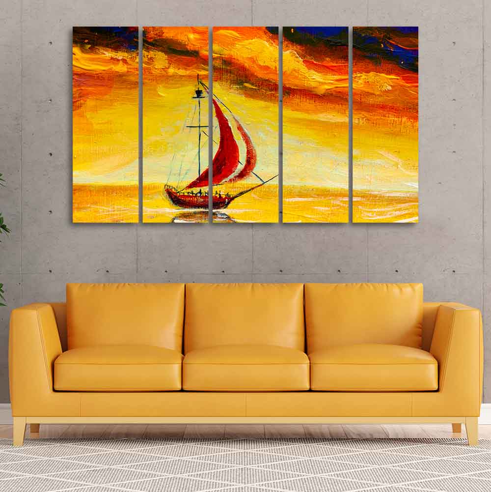 Sailing Ship with Red Sails Five Pieces Wall Painting