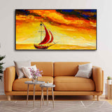 Sailing Ship with Red Sails with Yellow Sea Background Wall Painting