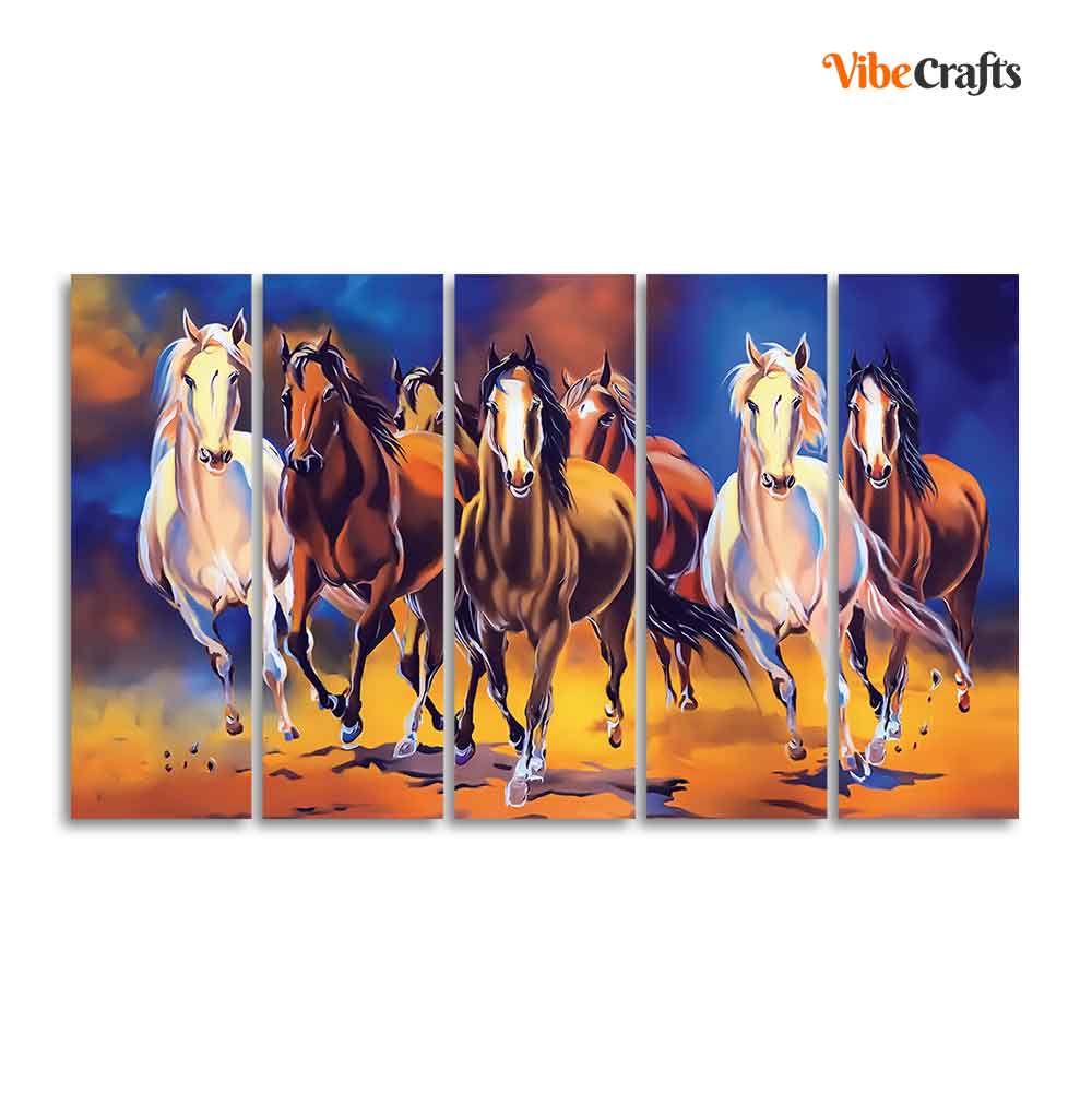 Seven Horses Five Pieces Premium Canvas Bedroom Wall Painting